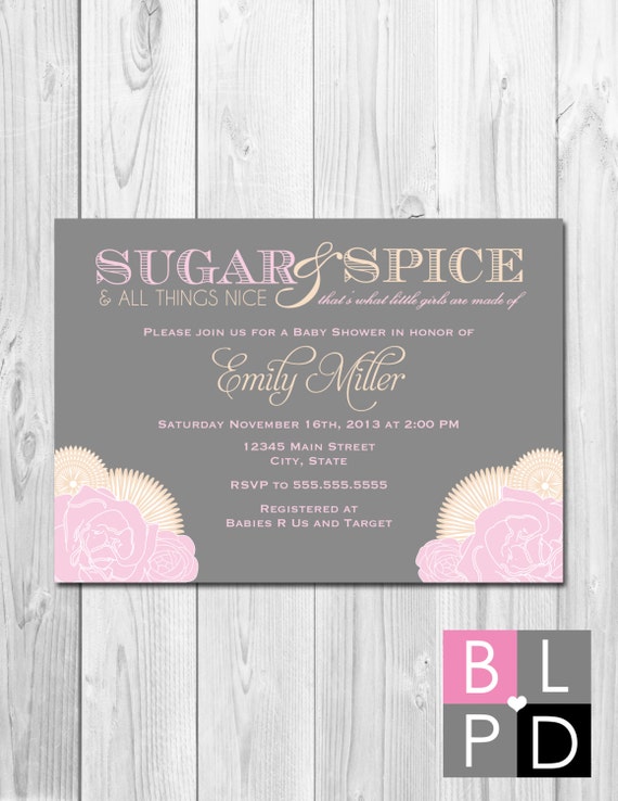 Sugar and Spice Baby Shower Invitation - Corner Flowers - Dark Grey Pink and Cream - DIY - Printable Il_570xn