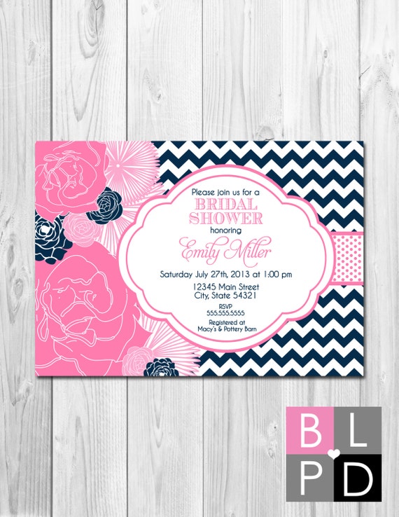 Bridal Shower, Birthday Party, Bachelorette Party, Engagement Party Invitation - Big Pink and Navy Blooms - DIY - Printable Il_570xn