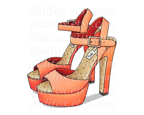 Peach Orange Heeled Shoes Sandals Printable Digital by DidiFox