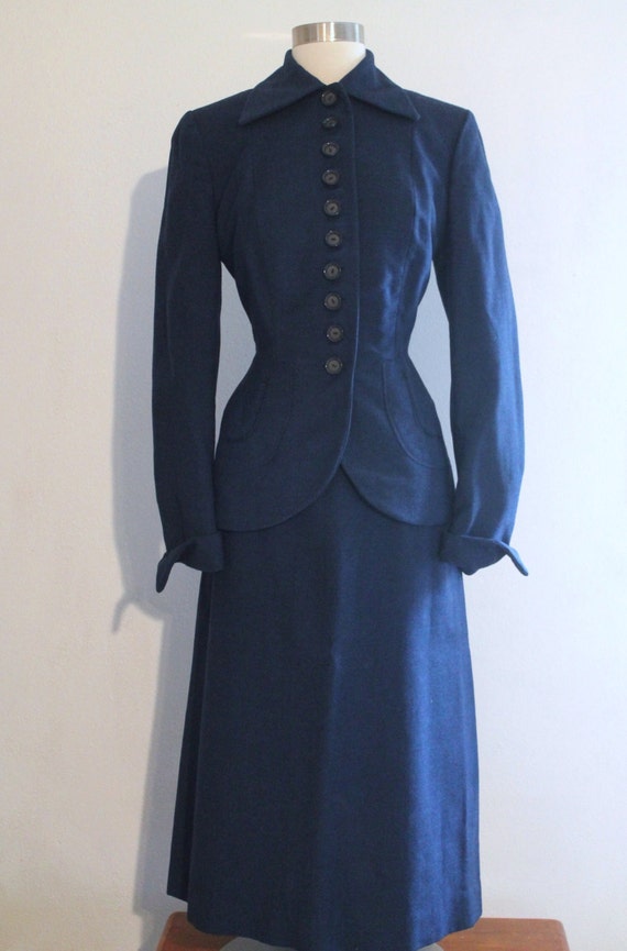 1940s Wool Suit / Vintage 40s Dark Blue Miron Wool Equestrian