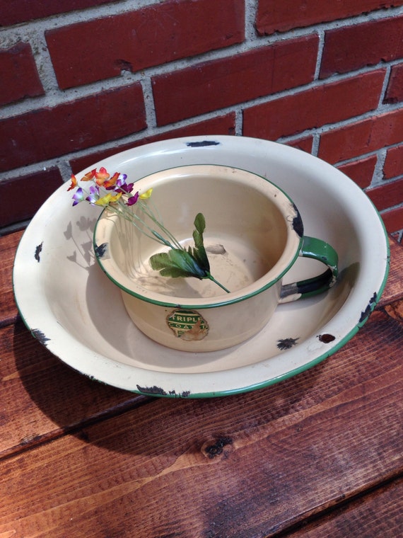 Vintage Cream and Green Enamelware Bowl and by SemiUrbanCollector