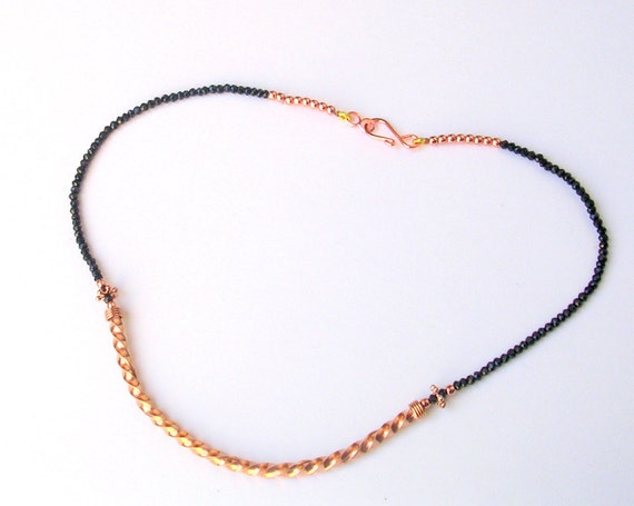 Tube Pendant necklace, Twisted Tube Pendant Charm, Curved Connector Bead, Black Spinel Beads, Sterling Rose Gold Plated