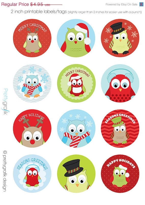 80% OFF SALE Christmas owls labels printable, invites, cards, photos cards, scrapbook pages - PT101 Il_570xn