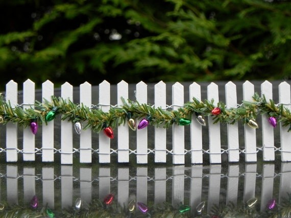 Miniature Fairy Garden Fence with Christmas garland White