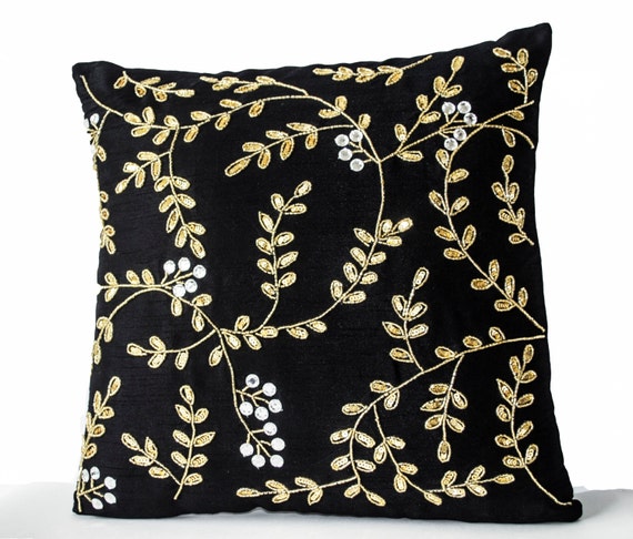 Items similar to Decorative Pillows, Black Gold throw pillows with sequin detail, Leaf pillow ...