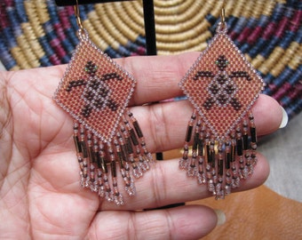 Native American Style Beaded Turtle Earrings, Brown & Tan, beaded turtle