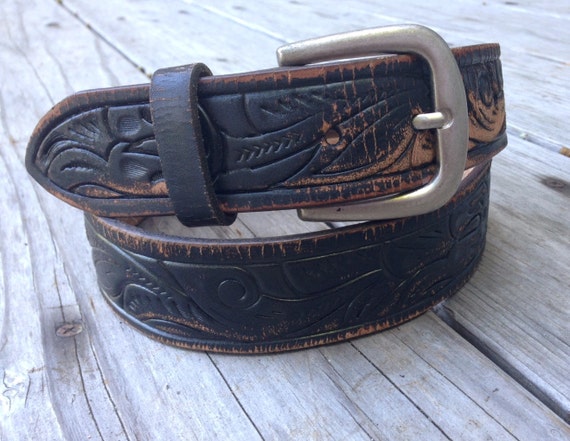 Black Hand Tooled Western Genuine Leather Belt Men's 36