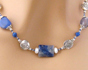 Sodalite Royal Blue Necklace, Stone Jewelry with Agate, Sodalite, Pearl and Pewter, Denim Blue Sodalite Necklace