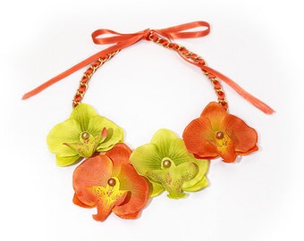 Summer Orchids Orange/ Green Bib fabric necklace