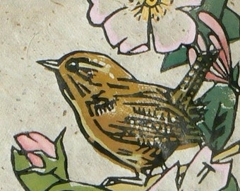 Wren in Roses lino cut print