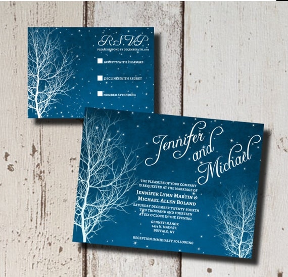 Winter Wedding Invitation Suite-Printable- Starry Nite-Branch-DIY-Custom-Blue-White-Stars