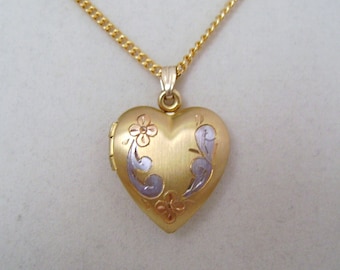 Vintage Heart Locket Gold Filled with Etched Floral Design with 20" GF Chain