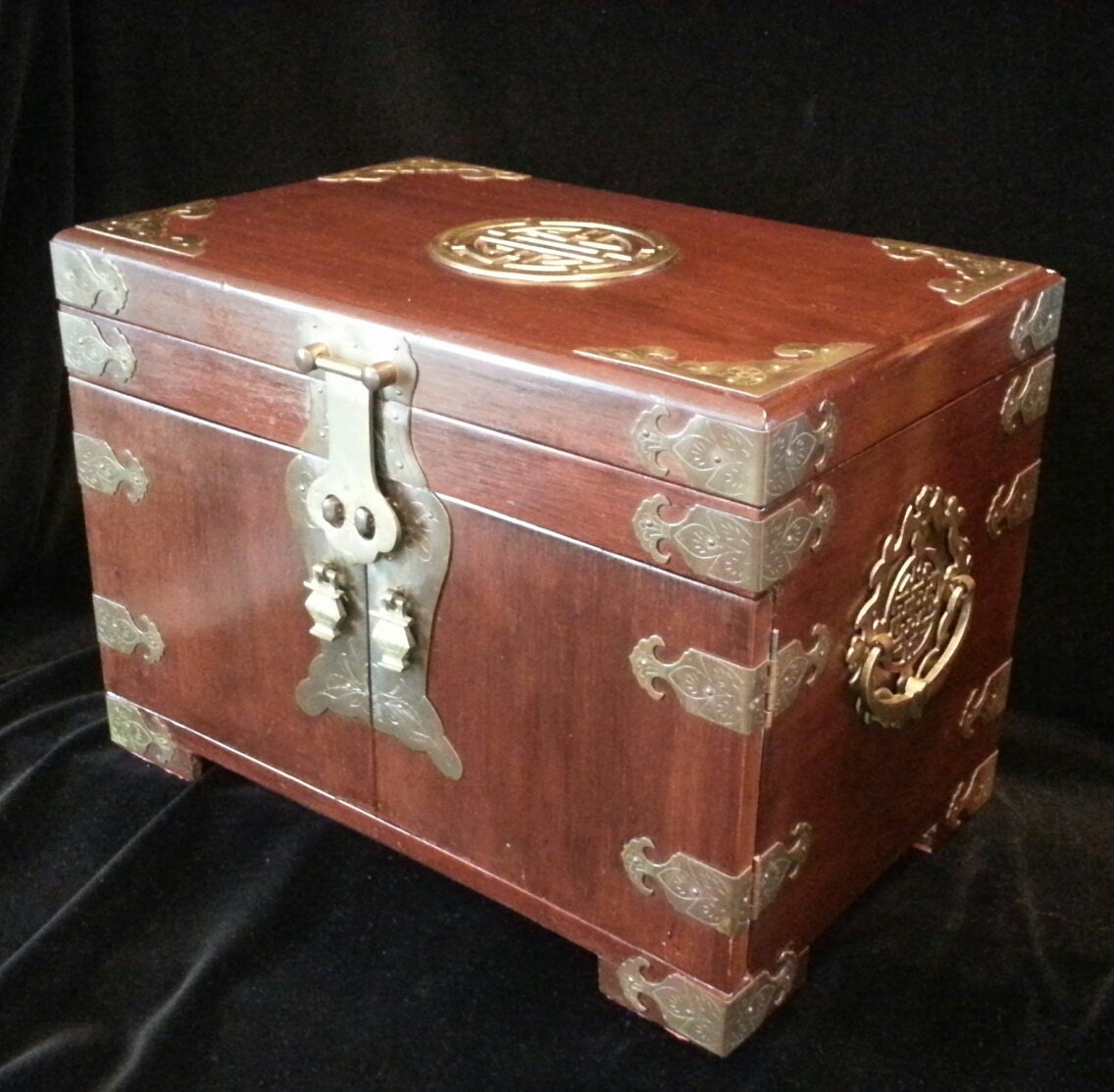 Huge Antique Chinese Brass Wooden Large Jewelry Box Mah Jong