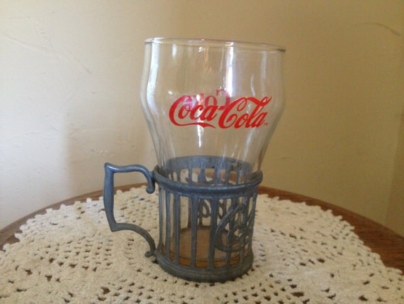 glass and cola Glass  vintage 1985 cup handle with VIntage Cup Cola Holder Metal Coca coca
