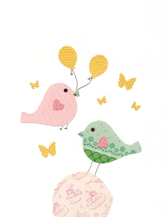 Happy Little Birdie with balloons Nursery Artwork Print Baby