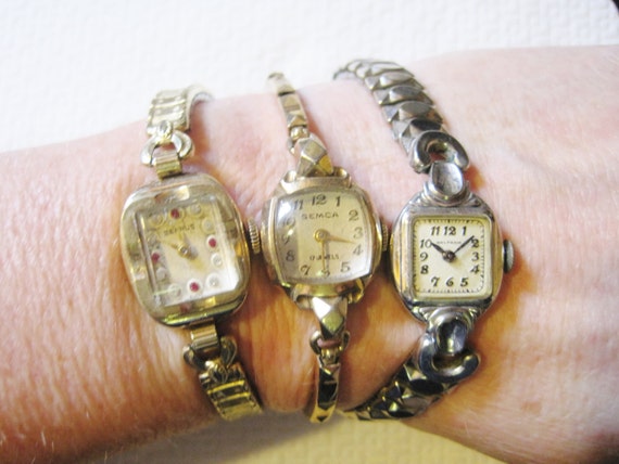 Vintage Watch Lot 2 Ladies Benrus Swiss Waltham Semca 10k Gold