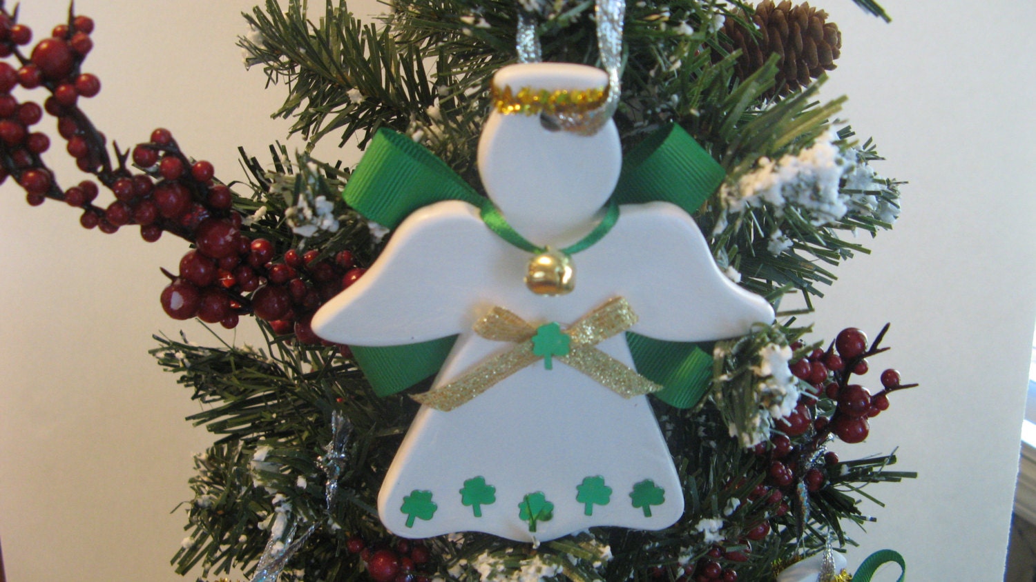 Irish angel ceramic hand painted and embellished ornament for tree, wreath or package trim. PERSONALIZED FREE!