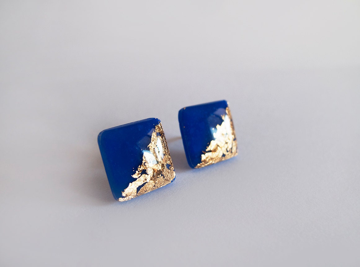 Royal Blue Gold Square Stud Earrings Hypoallergenic