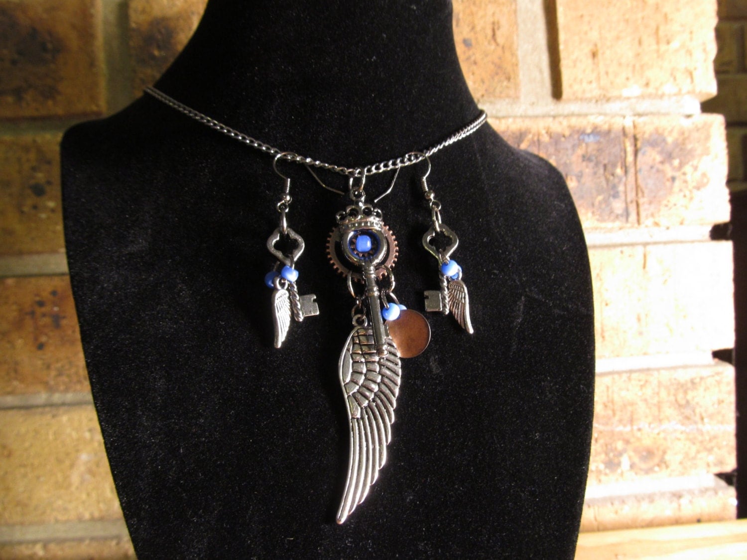 Steampunk Winged Key Necklace and Earring set.