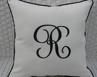 Monogram Initial Indoor / Outdoor Sunbrella White Fabric With Sunbrella Black Cording Decorative 17" Pillow