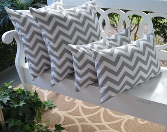 Set of 4 - Gray / Grey and White Zig Zag Chevron 17" Square & Rectangle Indoor / Outdoor Throw Pillows