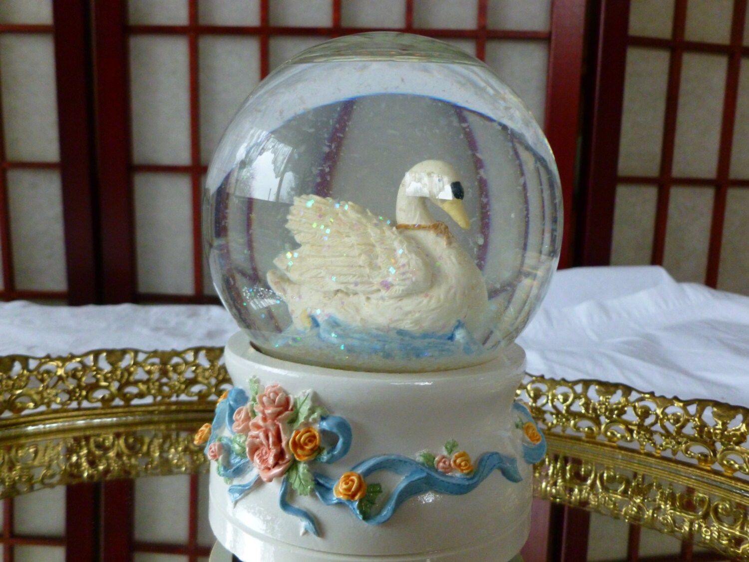 Vintage Snow Globe Music Box with a Snow White Swan