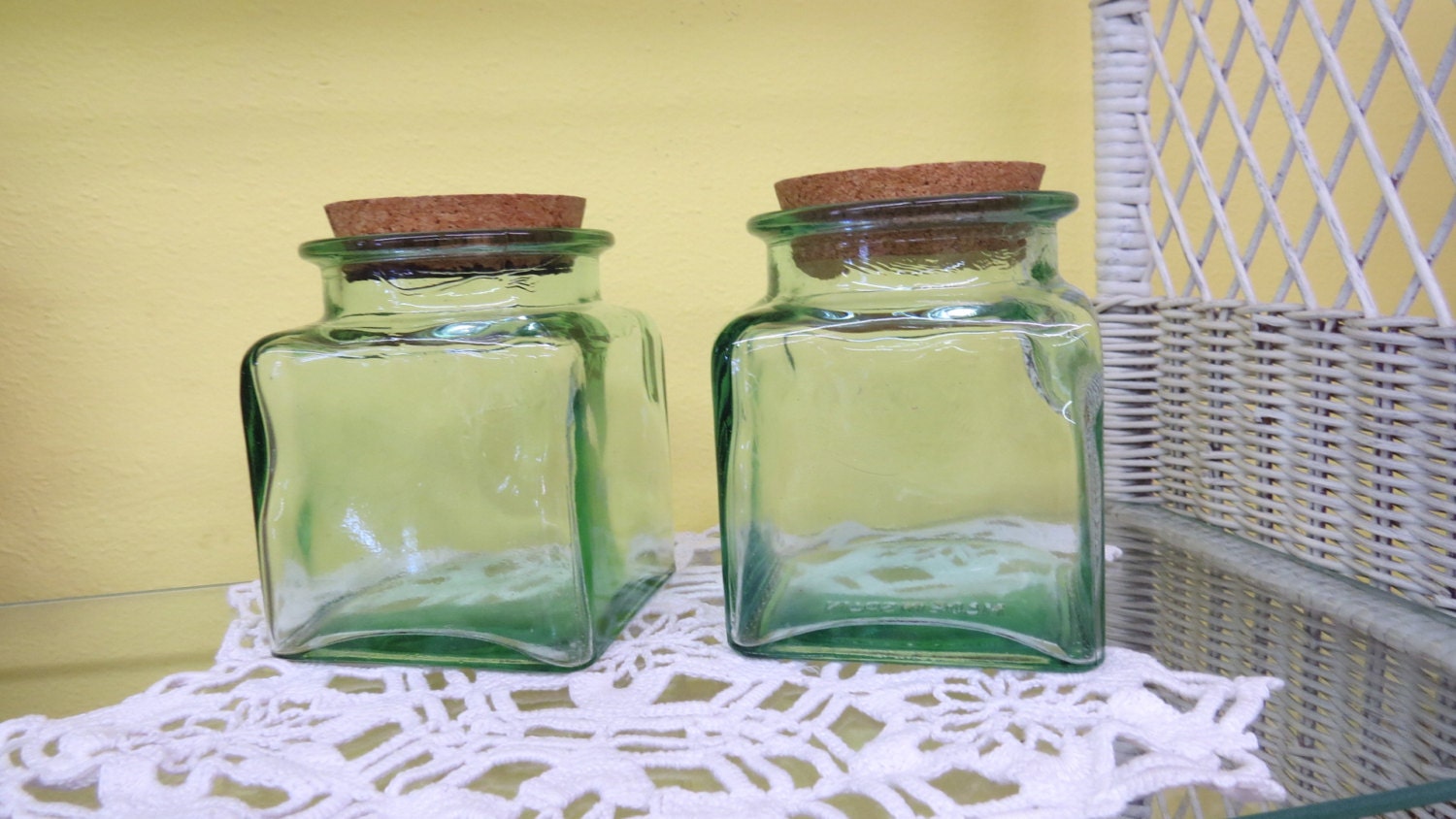 Vintage Aqua Glass Jars With Cork Lids Made in Spain Storage