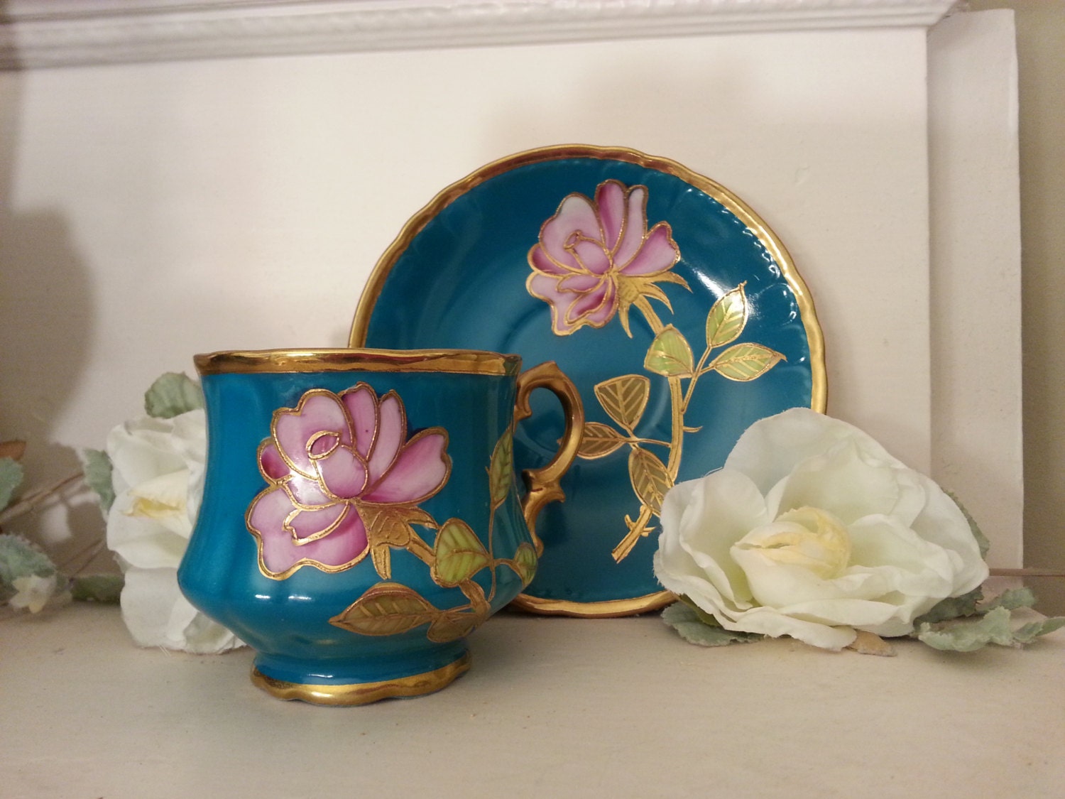 Lovely Vintage Gold Lined Teal Tea Cup and Saucer Haute Juice