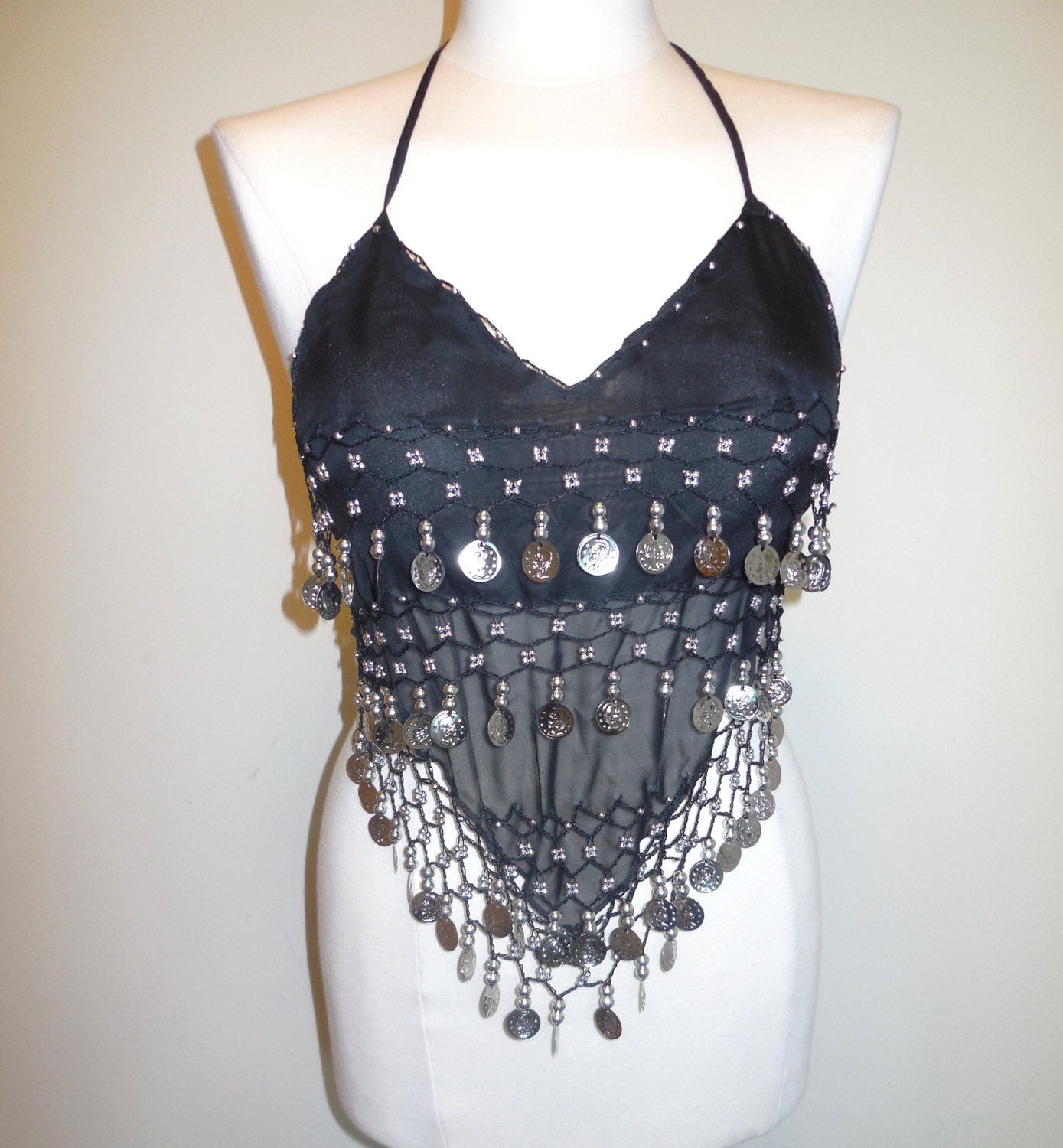 Belly Dancing Halter Top Padded Black Sheer Chiffon Silver