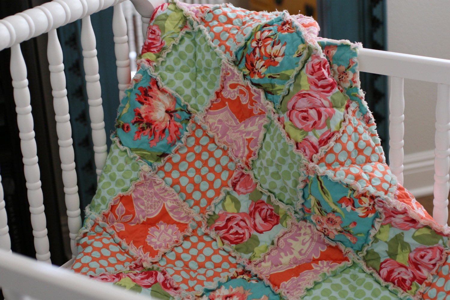READY to SHIP Crib Quilt Rag Quilt Amy Butler Love Mint
