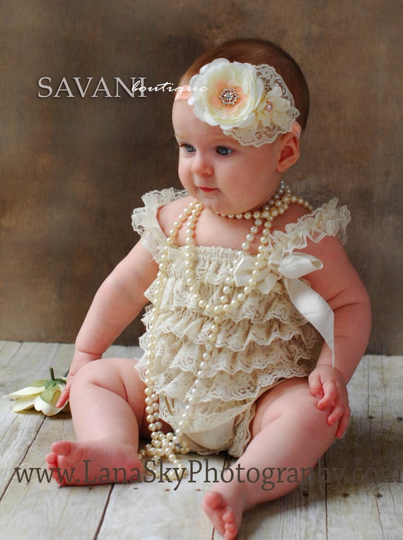 Baby lace outfit 2 pieces Ivory peach lace romper set. Lace