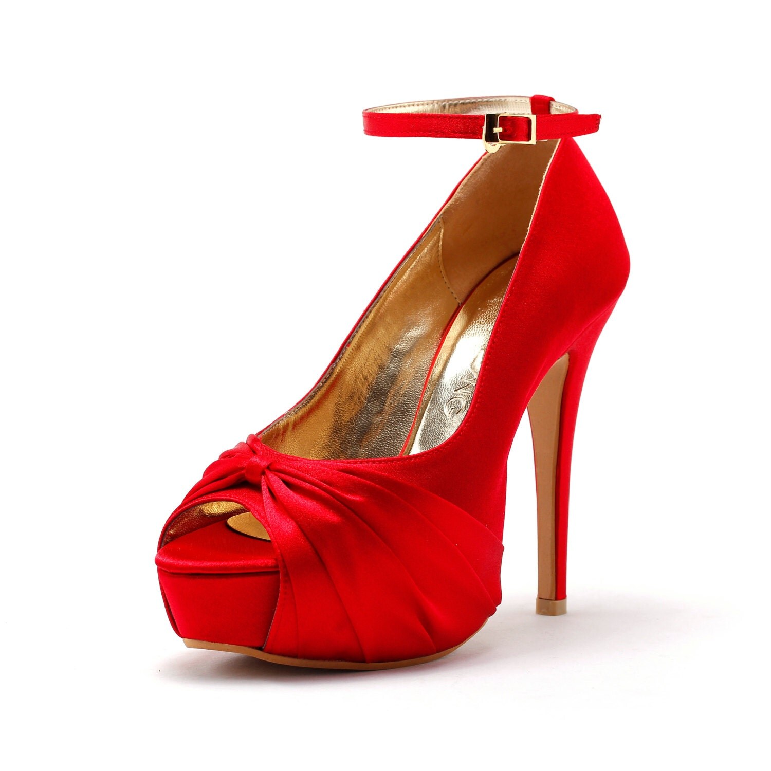 Giselle Red Satin Platfrom Wedding Heel with Ankle Strap Red