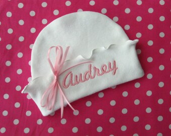 Girly RUFFLED NEWBORN HAT, Bright Pink bow and Name, Beanie Hat, Hospital Hat, Name Reveal, Monogrammed Baby Hat, Pink and white
