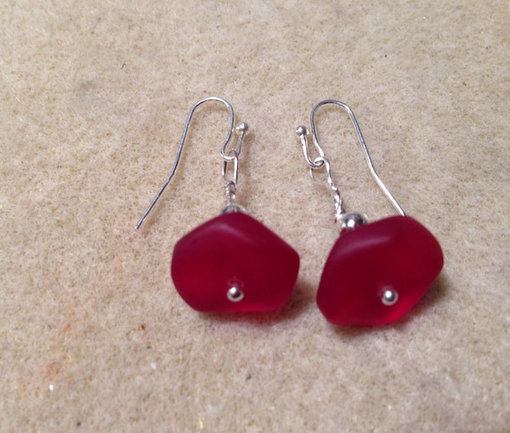 Items similar to Red Beach Glass Earrings. Crystal dangle Summer ...