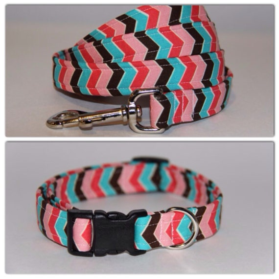 Pink and Teal Dog Collar and Leash set by BeautifulMutts on Etsy