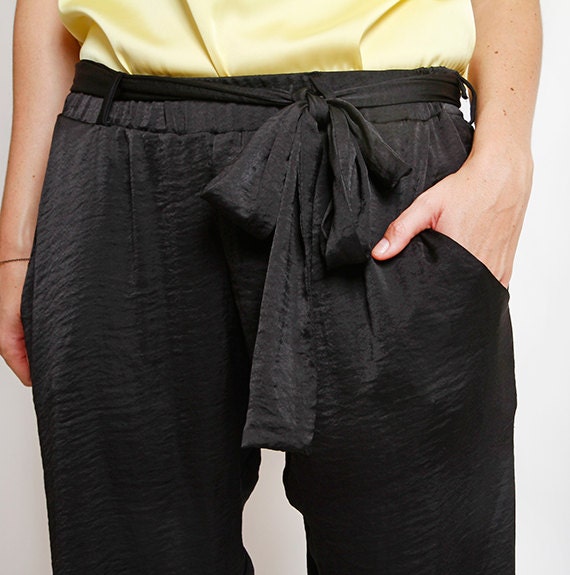 Black satin pants elastic waistband pant tie belt by ElianaStudio