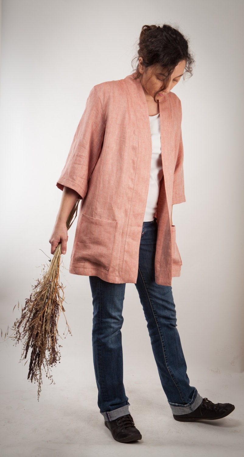 Women's jacket in pure linen pink - Handmade