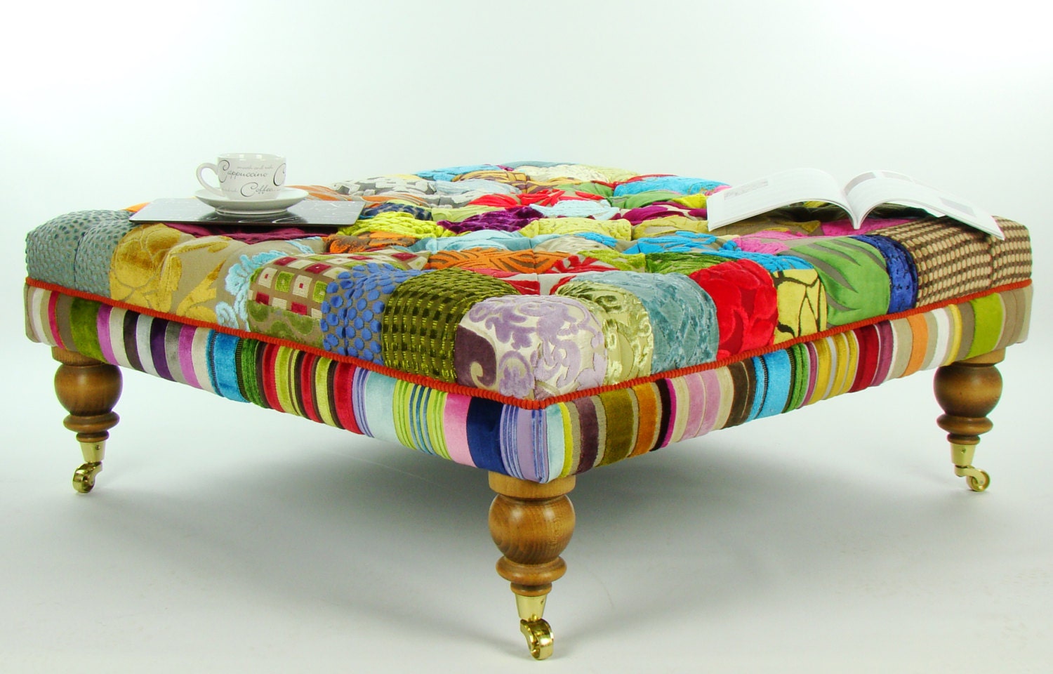 Bespoke large patchwork footstool/coffee table in designer