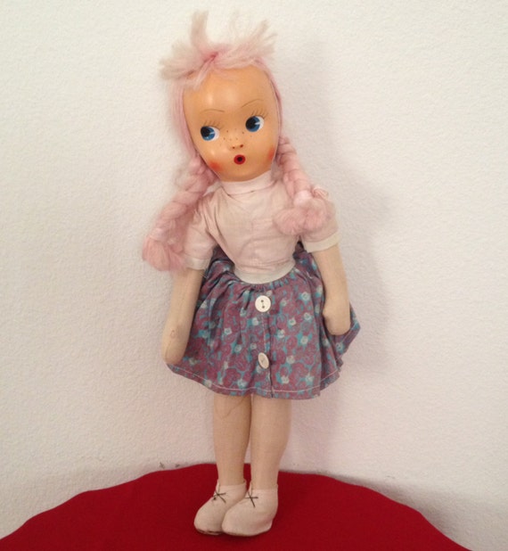Vintage Cloth Doll Poland Pink Hair