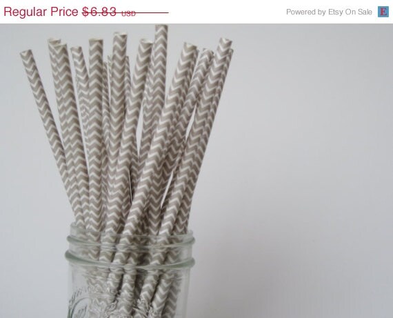 ON SALE - 50 grey / silver and White CHEVRON Paper Straw - ships less than 24 hours Il_570xn