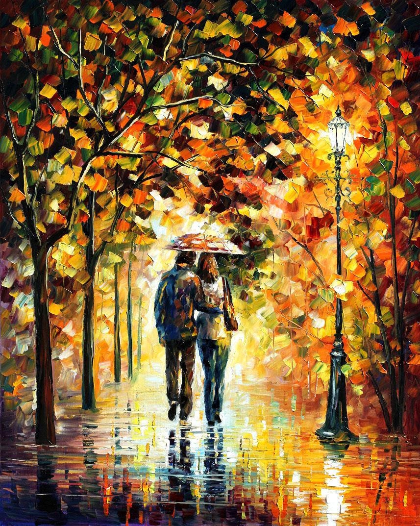 Autumn Walk Palette Knife Romantic Couple by AfremovArtStudio