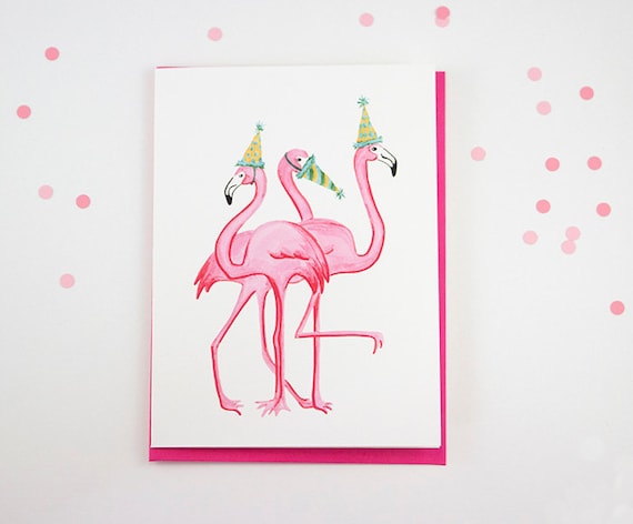 Birthday Greeting card Pink Flamingo by AmelieLegault on Etsy
