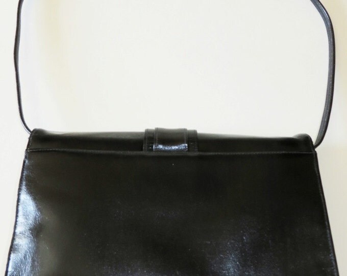 Black Leather Bag, Vintage Shoulder Bag, 1960s Black Purse, Mod Style Long Handled Bag