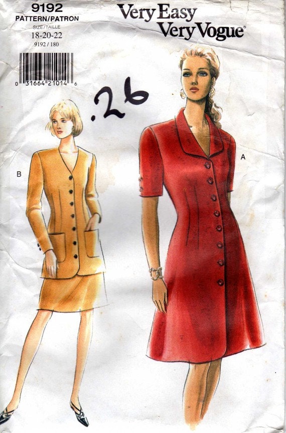 Items Similar To 1995 Vogue 9192 Uncut Sewing Pattern Misses Very Easy Very Vogue Dress Sizes 18 2561