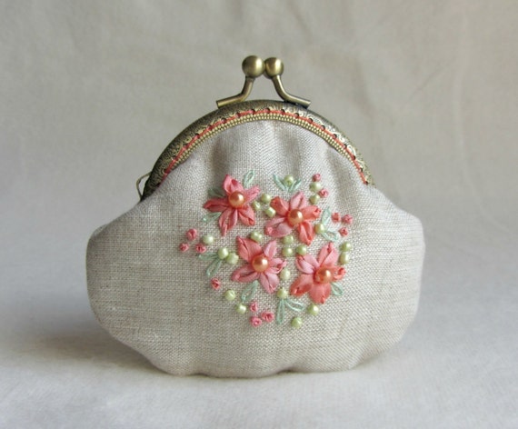 Hand embroidered coin purse embroidered linen purse floral