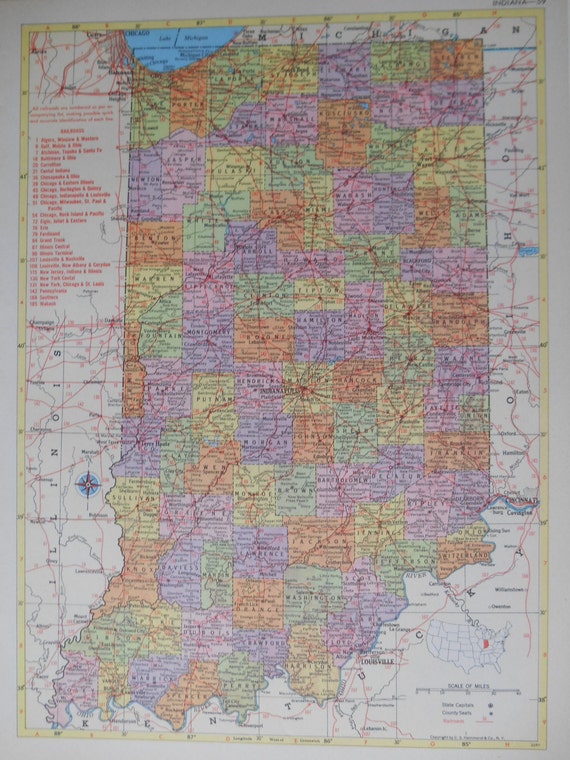 INDIANA Railroad Map.1956 IN. Original 1950s IOWA Vintage