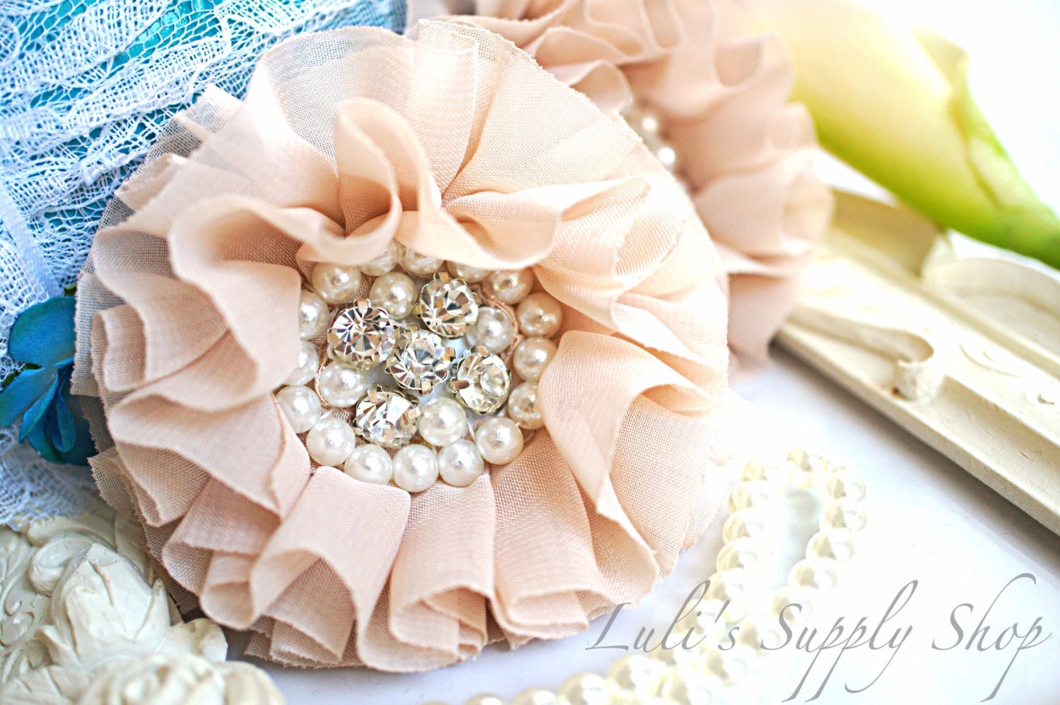 Set of 2 Nude Beaded Fabric Flowers Nude Fabric Flower