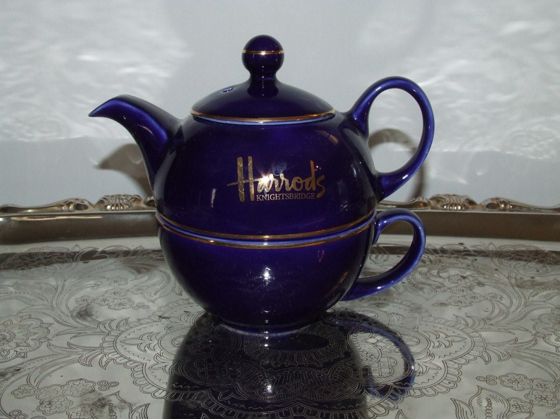 Vintage Harrods Knightsbridge Blue Teapot Tea Cup Gold Decor