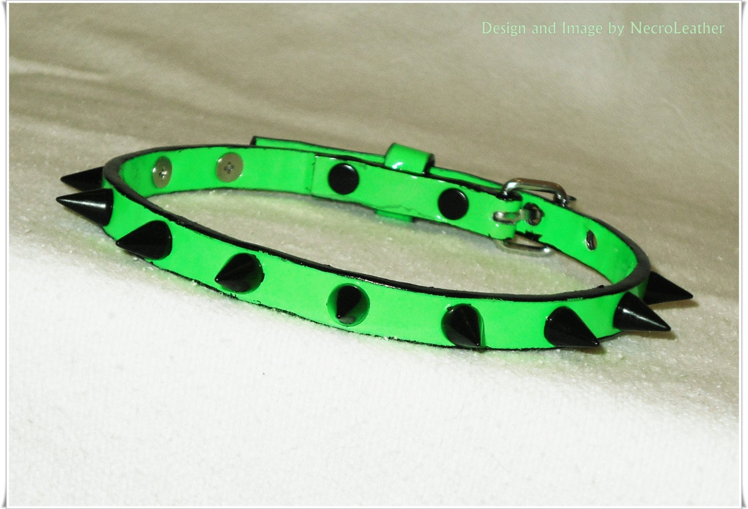 Neon Green Black Edged and Spiked Collar Green by NecroLeather