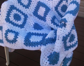 Crocheted blanket throw afghan ready to ship blue and white